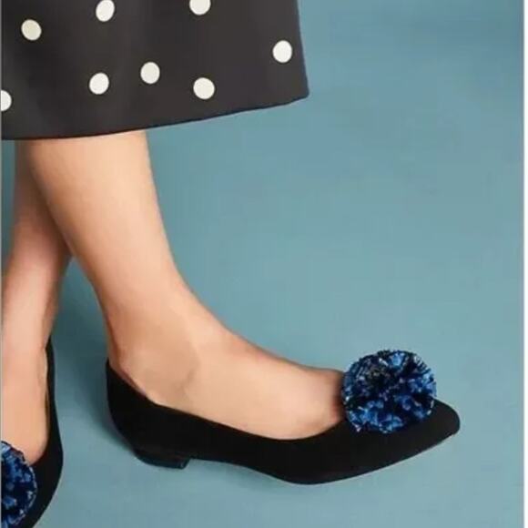 Anthropologie Shoes - ANTHROPOLOGIE Black Suede Flats Shoes With  Blue Raffia Pompom Women's Sz 8.5